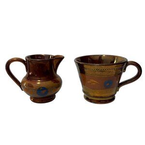 Copper Lusterware Creamer & Sugar Set With Blue Accents Vintage